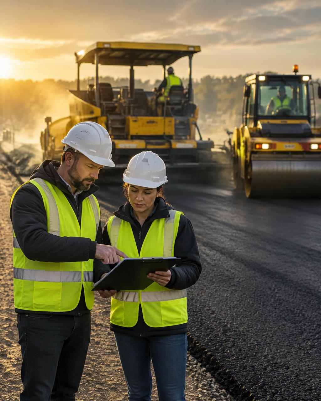 Ingenieros en terreno revisando especificaciones mientras maquinaria asfalta una vía